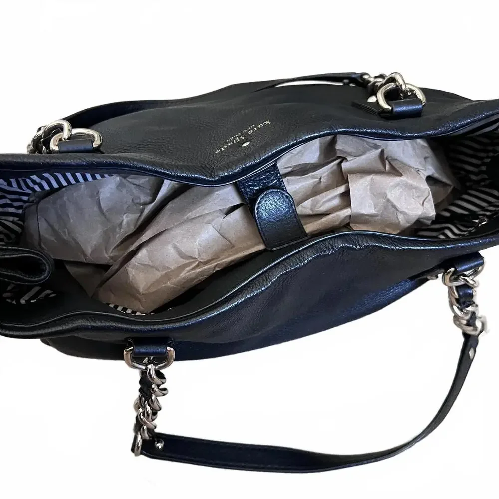 Kate Spade Andee Pebbled Leather Tote Black Shoulder Bag Gold Chain Strap Large - Picture 7 of 9